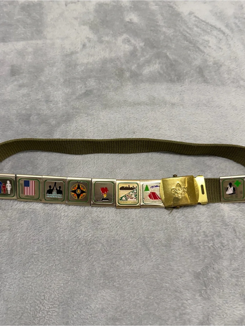 Vintage Boy Scouts of America Blue Web Belt Brass Buckle 9 Merit Badge Charms